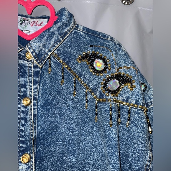 Pret Vintage Beaded 100% Cotton Denim Dress With Pockets Size L - Picture 3 of 8